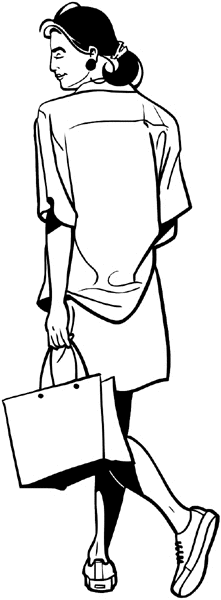 Lady walking away carrying a shopping bag vinyl sticker. Customize on line. Sales and Shopping 084-0218